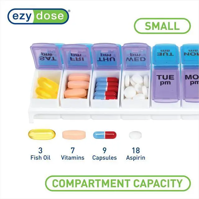 Alt view image 2 of 7 - Ezy Dose Weekly (7-Day) AM/PM Pill Organizer, Vitamin and Medicine Box, Small Pop-out Compartments, 2 Times a Day, Blue and Purple Lids