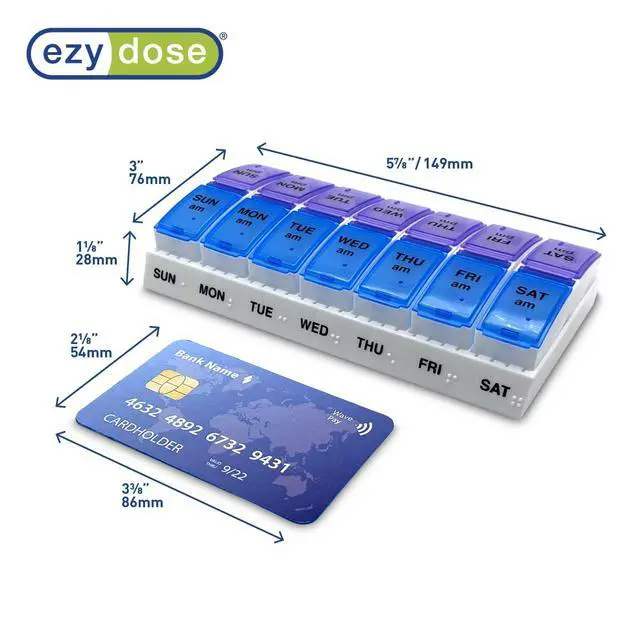 Alt view image 3 of 7 - Ezy Dose Weekly (7-Day) AM/PM Pill Organizer, Vitamin and Medicine Box, Small Pop-out Compartments, 2 Times a Day, Blue and Purple Lids