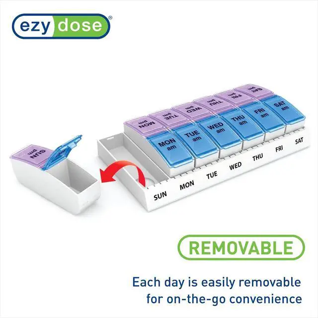Alt view image 4 of 7 - Ezy Dose Weekly (7-Day) AM/PM Pill Organizer, Vitamin and Medicine Box, Small Pop-out Compartments, 2 Times a Day, Blue and Purple Lids