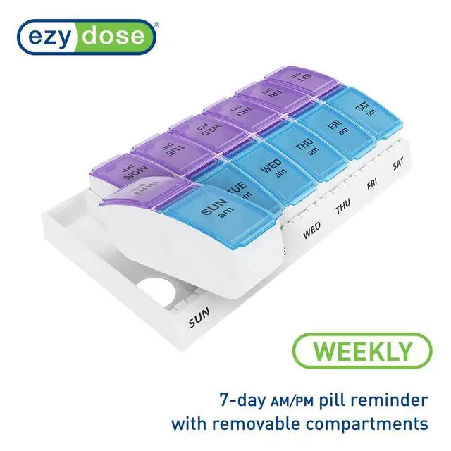 Alt view image 5 of 7 - Ezy Dose Weekly (7-Day) AM/PM Pill Organizer, Vitamin and Medicine Box, Small Pop-out Compartments, 2 Times a Day, Blue and Purple Lids