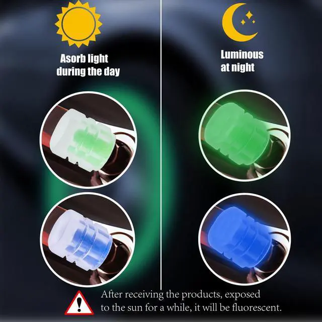 Alt view image 3 of 7 - MEAJOO 8PCS Fluorescent Tire Valve Stem Caps, Luminous Car Tire Air Cap, Corrosion Resistant Leak-Proof Wheel Valve Cover, Universal for Cars, Trucks, Bikes, Motorcycles, Bicycles(Blue, Green)