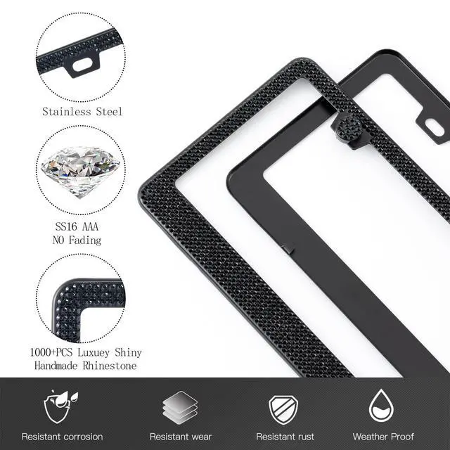 Alt view image 3 of 7 - FIISFIIS Bling License Plate Frame for Women,2 Pack Premium Stainless Steel Rhinestone License Plate Holder,Handmade Glitter Crystal Diamond Girl Lincense Plate Tag Cover,Bedazzled Sparkly-Black