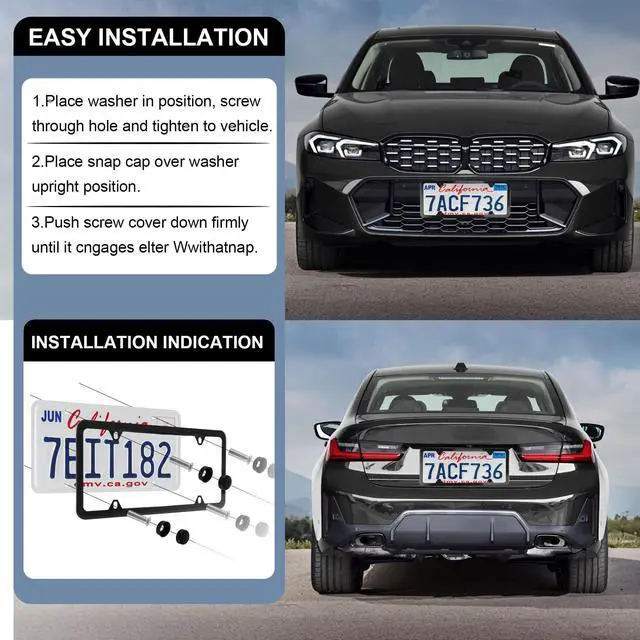 Alt view image 5 of 6 - LivTee 4 Holes Stainless Steel License Plate Frames, 2 PCS Car Licence Plate Covers, Automotive Exterior Accessories Slim Design with Bolts Washer Caps for US Vehicles, Black