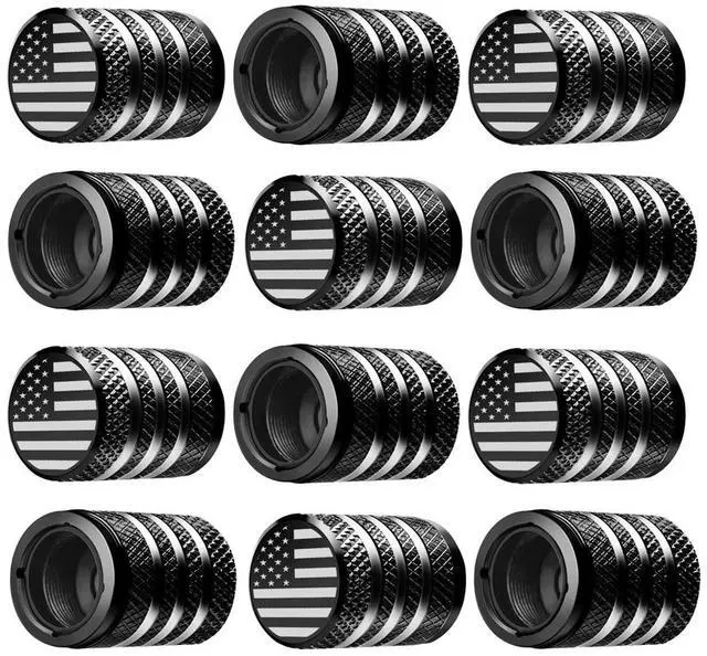 Main image of Tire Valve Stem Cap Cover - (12 Pack) Tire Air Cap Metal with Plastic Liner Corrosion Resistant Leak-Proof American Flag for Car Truck Motorcycle Bike Black