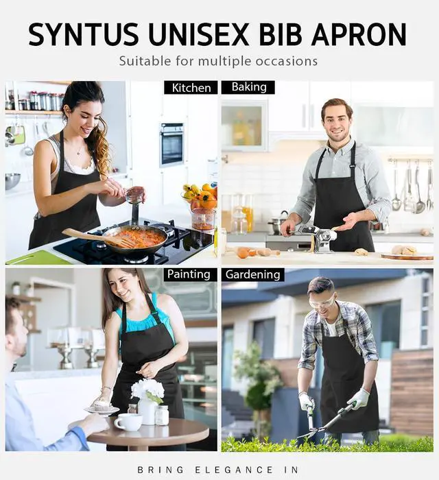 Alt view image 7 of 7 - Syntus Adjustable Bib Apron with 2 Pockets Cooking Kitchen Aprons for Women Men Chef, Basic Black 2 Polyester