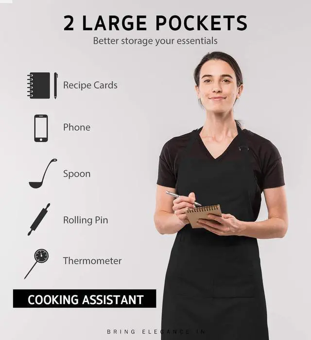 Alt view image 4 of 7 - Syntus Adjustable Bib Apron with 2 Pockets Cooking Kitchen Aprons for Women Men Chef, Basic Black 2 Polyester