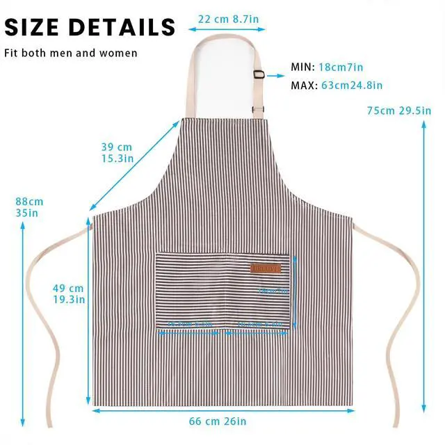 Alt view image 3 of 6 - BeLuyi Adjustable Bib Apron with 2 Pockets Chef Cooking Kitchen Restaurant Aprons for Women Men (Brown Stripe)