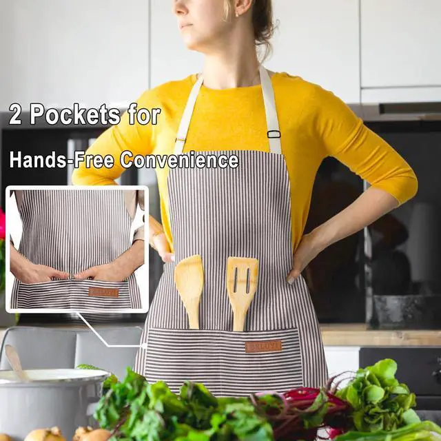 Alt view image 4 of 6 - BeLuyi Adjustable Bib Apron with 2 Pockets Chef Cooking Kitchen Restaurant Aprons for Women Men (Brown Stripe)