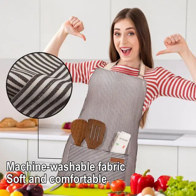 Alt view image 5 of 6 - BeLuyi Adjustable Bib Apron with 2 Pockets Chef Cooking Kitchen Restaurant Aprons for Women Men (Brown Stripe)