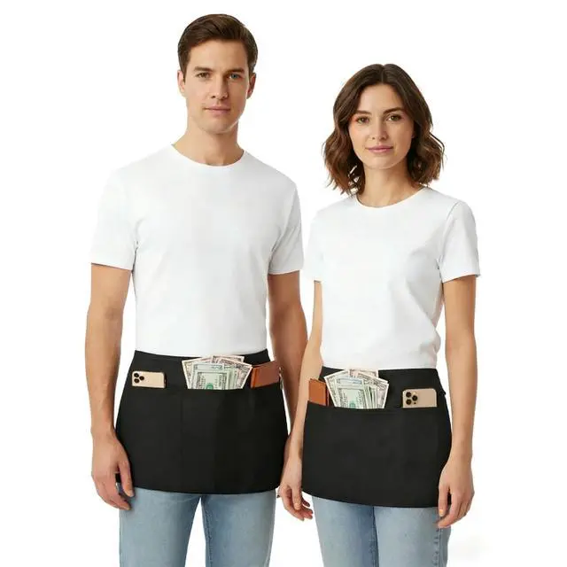 Alt view image 3 of 6 - BOHARERS Waist Apron with 3 Pockets - Black Waitress Waiter Server Short Aprons