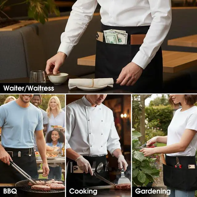Alt view image 5 of 6 - BOHARERS Waist Apron with 3 Pockets - Black Waitress Waiter Server Short Aprons
