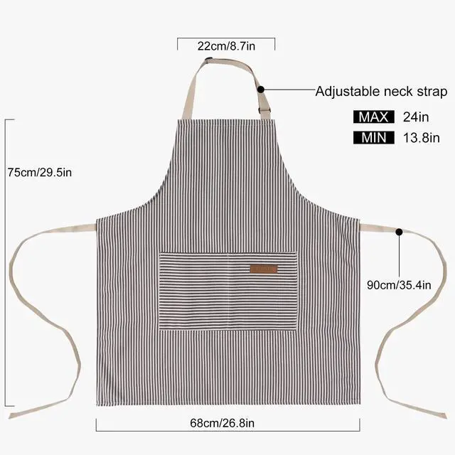 Alt view image 2 of 7 - DILLMAN Kitchen Cooking Adjustable Aprons - Men Women Bib Soft Chef Stripes Apron with 2 Pockets (Narrow Brown Strips)