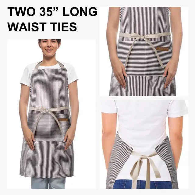 Alt view image 3 of 7 - DILLMAN Kitchen Cooking Adjustable Aprons - Men Women Bib Soft Chef Stripes Apron with 2 Pockets (Narrow Brown Strips)