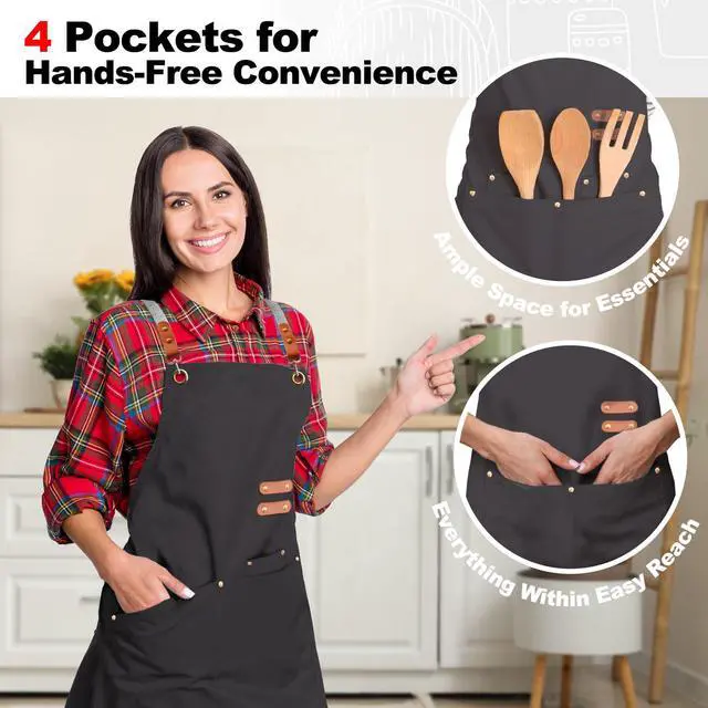 Alt view image 6 of 7 - BeLuyi chef apron bib tool apron for man woman cross back straps with 4 pockets for kitchen cooking gardening baking working(black)