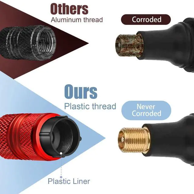 Alt view image 4 of 6 - Tire Valve Stem Caps - 4 Pack Anti-Corrosion Premium Anodized Alloy Tyre Air Valve Caps Universal for Car SUV Bike Red