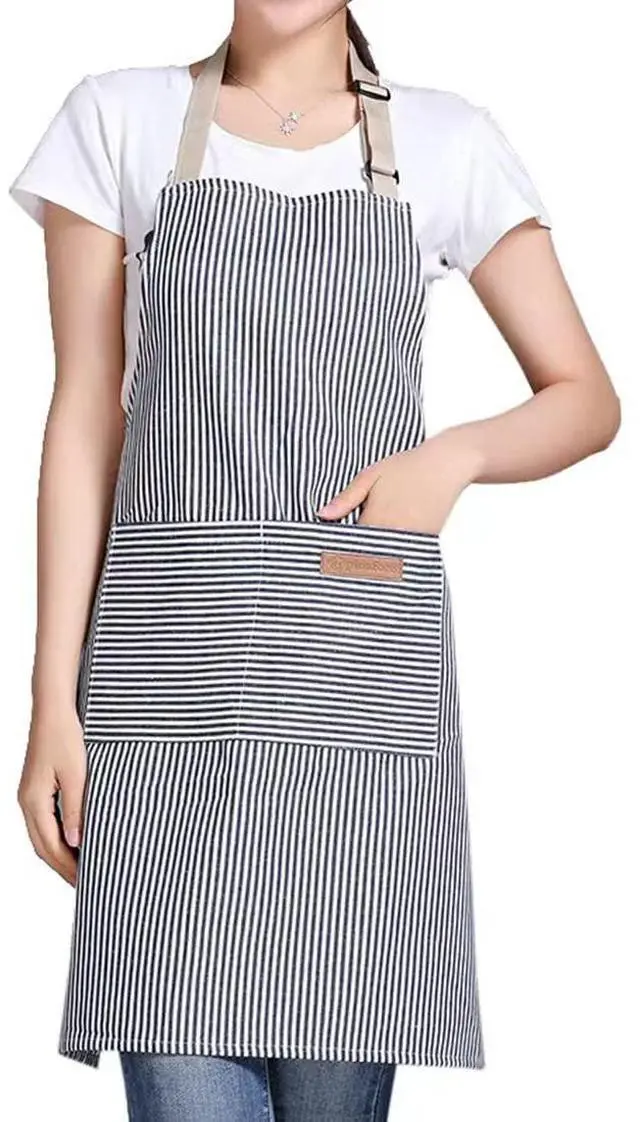 Main image of RUIBOLU Adjustable Bib Apron with 2 Pockets Cooking Kitchen Cotton Aprons for Women Men Chef Restaurant BBQ Painting Crafting, Long Ties Neck Strap (Khaki Stripes)