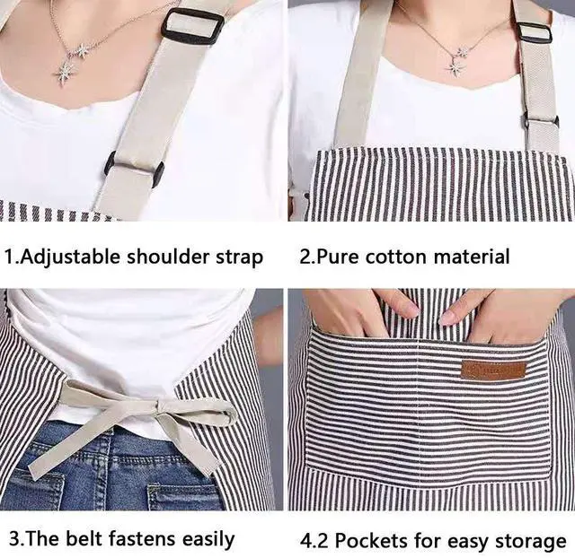 Alt view image 4 of 7 - RUIBOLU Adjustable Bib Apron with 2 Pockets Cooking Kitchen Cotton Aprons for Women Men Chef Restaurant BBQ Painting Crafting, Long Ties Neck Strap (Khaki Stripes)