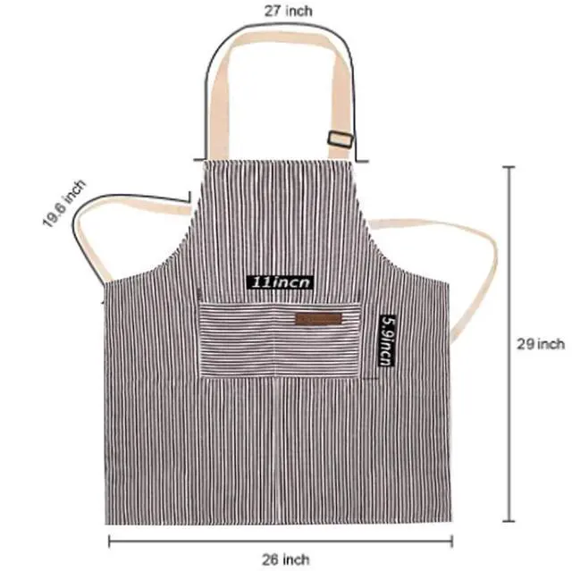 Alt view image 3 of 7 - RUIBOLU Adjustable Bib Apron with 2 Pockets Cooking Kitchen Cotton Aprons for Women Men Chef Restaurant BBQ Painting Crafting, Long Ties Neck Strap (Khaki Stripes)
