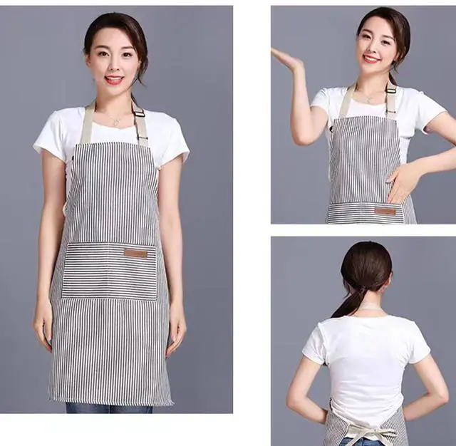 Alt view image 5 of 7 - RUIBOLU Adjustable Bib Apron with 2 Pockets Cooking Kitchen Cotton Aprons for Women Men Chef Restaurant BBQ Painting Crafting, Long Ties Neck Strap (Khaki Stripes)