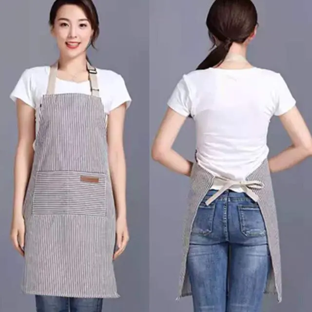 Alt view image 6 of 7 - RUIBOLU Adjustable Bib Apron with 2 Pockets Cooking Kitchen Cotton Aprons for Women Men Chef Restaurant BBQ Painting Crafting, Long Ties Neck Strap (Khaki Stripes)