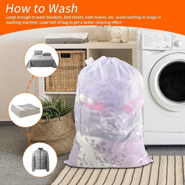 Alt view image 6 of 7 - Polecasa Heavy Duty Diamond Mesh Laundry Bags 24x36" - Machine Washable Large Commercial Grade Laundry Bag with Drawstring & ID Tag for College Dorms, Travel, Sports Equipment White
