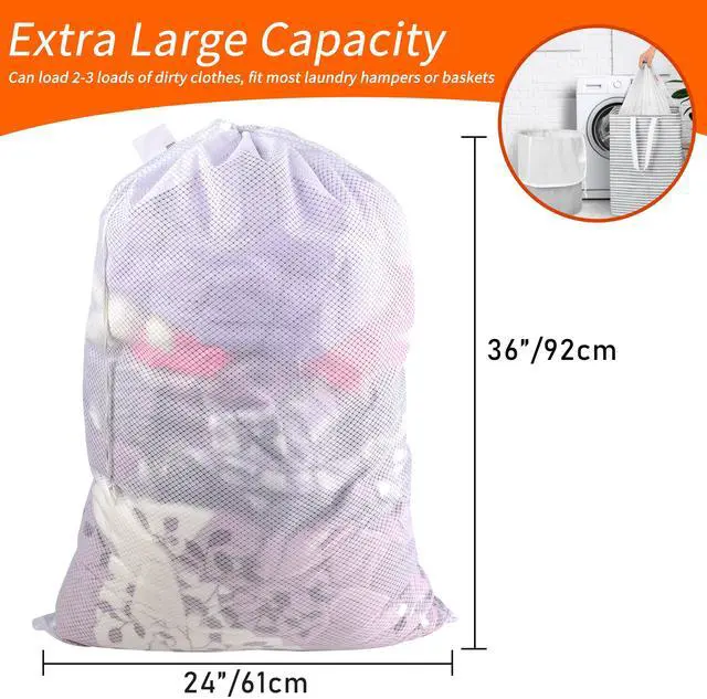 Alt view image 3 of 7 - Polecasa Heavy Duty Diamond Mesh Laundry Bags 24x36" - Machine Washable Large Commercial Grade Laundry Bag with Drawstring & ID Tag for College Dorms, Travel, Sports Equipment White