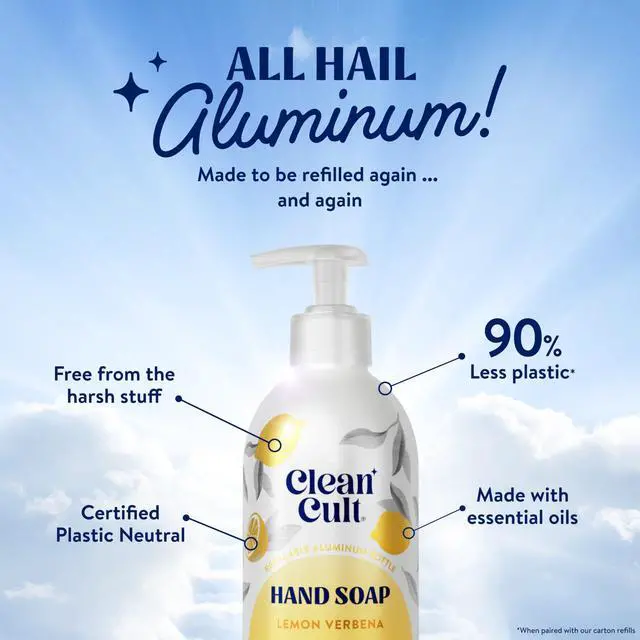 Alt view image 3 of 7 - Cleancult - Lemon Verbena - Moisturizing Liquid Hand Soap - Refillable Aluminum Bottle - Made with Aloe Vera - Nourishes & Moisturizes Dry & Sensitive Skin - 12 oz - 1 Pack
