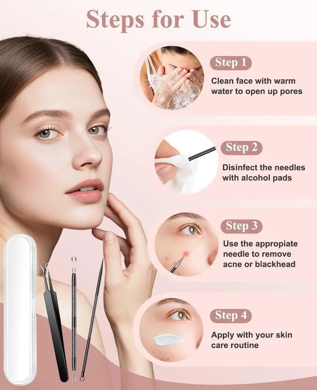 Alt view image 7 of 7 - 3PCS Pimple Extractor Acne Treatment Tool Professional Stainless Blackhead Comedone Removal Popper Tool for Face Nose Blackhead Extractor Tool (Black)