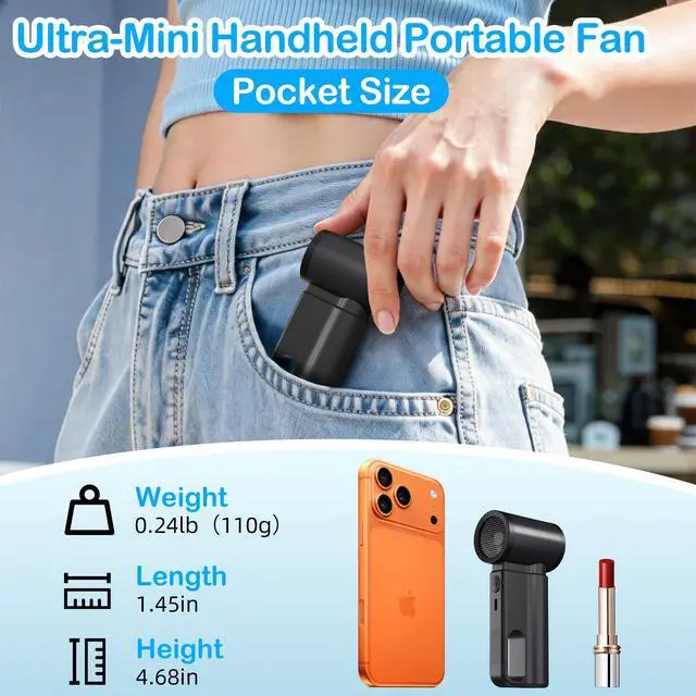 Alt view image 2 of 7 - CIVPOWER Portable Mini Fan Handheld: Personal Travel Fan USB Rechargeable - 100 Speed Turbo Fan with LED Display - Pocket Size 8H Max Runtime, Outdoor Sport Hiking Concert Gift for Women Men, Black