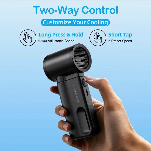 Alt view image 4 of 7 - CIVPOWER Portable Mini Fan Handheld: Personal Travel Fan USB Rechargeable - 100 Speed Turbo Fan with LED Display - Pocket Size 8H Max Runtime, Outdoor Sport Hiking Concert Gift for Women Men, Black