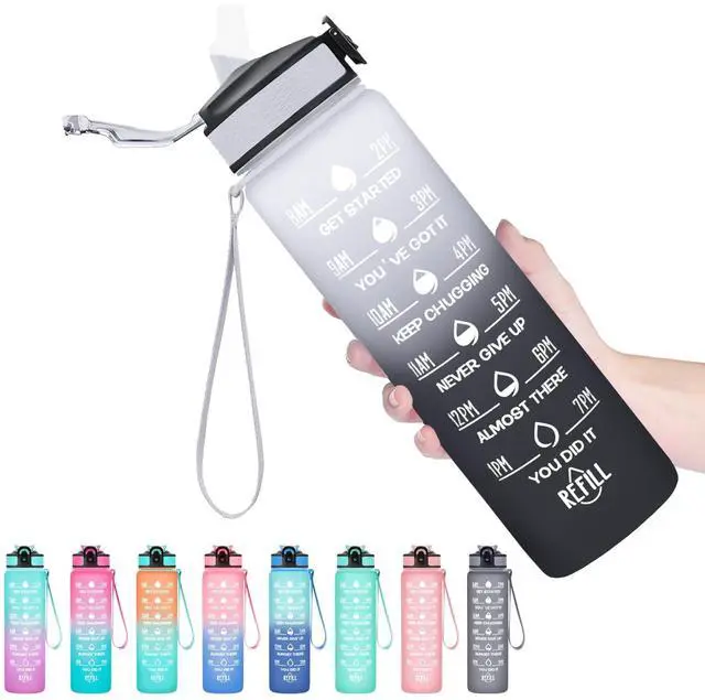 Main image of Hyeta Water Bottle with Straw & Time Marker, Plastic 32oz Leakproof