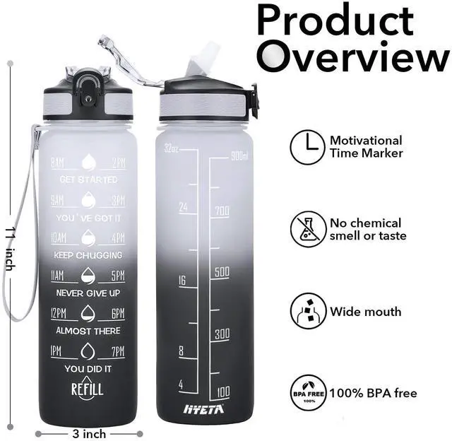 Alt view image 2 of 7 - Hyeta Water Bottle with Straw & Time Marker, Plastic 32oz Leakproof