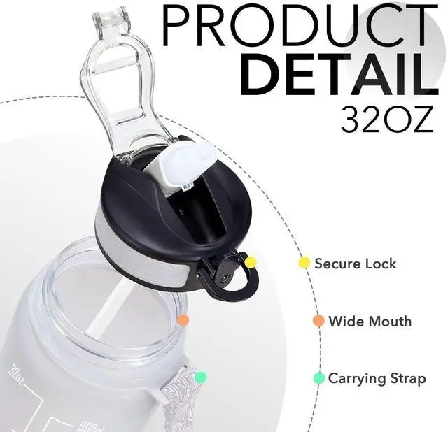 Alt view image 4 of 7 - Hyeta Water Bottle with Straw & Time Marker, Plastic 32oz Leakproof