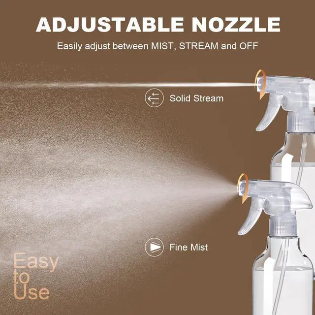 Alt view image 3 of 7 - Plastic Spray Bottles (2-Pack, 16.9 Oz) Heavy Duty Spraying, Mist & Stream, Empty Water Sprayer Bottle for Cleaning Solutions, Essential Oils, Hair, Plants, BBQ, Dog Cat Behavior Correction (Clear)
