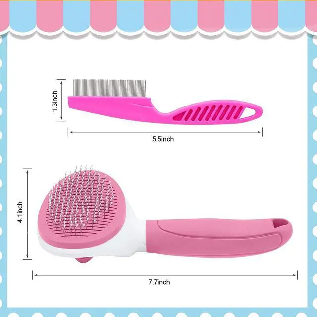 Alt view image 2 of 6 - Cat Brushes for Indoor Cats, Dog Brush for Shedding with Metal Cat Comb, Self Cleaning Pet Hair Brush with Release Button for Grooming Kitten(Pink)