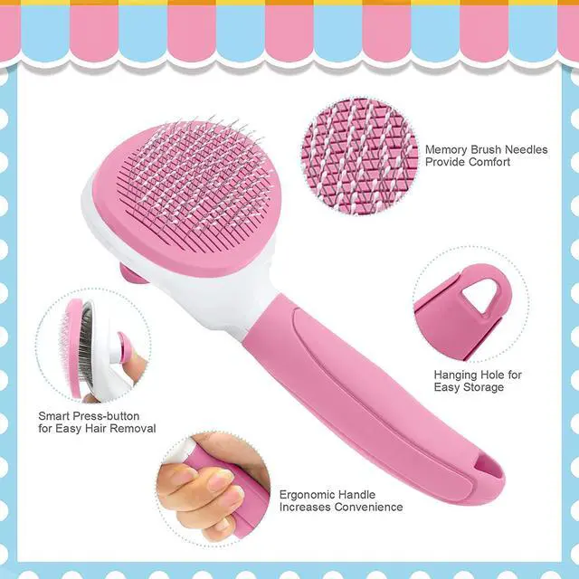 Alt view image 3 of 6 - Cat Brushes for Indoor Cats, Dog Brush for Shedding with Metal Cat Comb, Self Cleaning Pet Hair Brush with Release Button for Grooming Kitten(Pink)