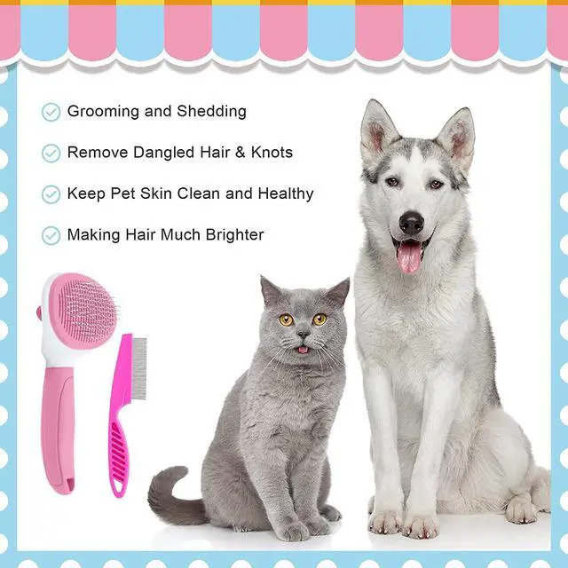 Alt view image 4 of 6 - Cat Brushes for Indoor Cats, Dog Brush for Shedding with Metal Cat Comb, Self Cleaning Pet Hair Brush with Release Button for Grooming Kitten(Pink)