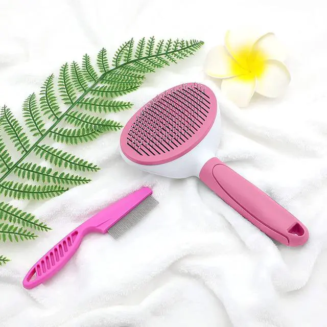 Alt view image 6 of 6 - Cat Brushes for Indoor Cats, Dog Brush for Shedding with Metal Cat Comb, Self Cleaning Pet Hair Brush with Release Button for Grooming Kitten(Pink)
