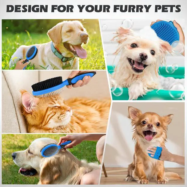 Alt view image 3 of 7 - 2PCS Pet Grooming Tools - Double-Sided Brush for Shedding and Bathing, Suitable for Short/Long Haired Dogs Cats and Horses, Deshedding Dog Brush, Mane & Tail Combs for Horses - Pet Supplies (Blue)
