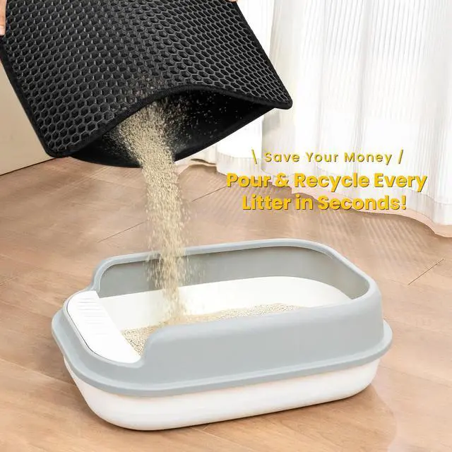 Alt view image 4 of 7 - Cat Litter Mat Compact Size 23.6"x14.6" for Small Spaces, Upgrade Waterproof Leakproof Back Layer, Honeycomb Trapping Mat, Washable, Easy to Clean, Scatter Control Kitty Litter Matt, Black