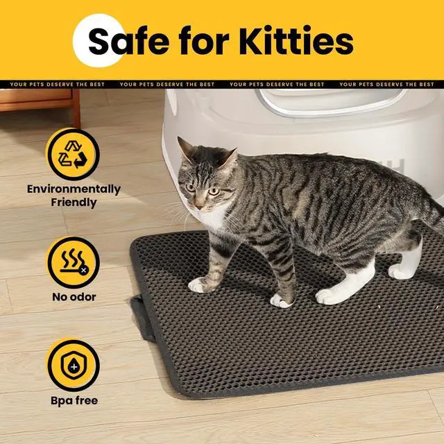 Alt view image 5 of 7 - Cat Litter Mat Compact Size 23.6"x14.6" for Small Spaces, Upgrade Waterproof Leakproof Back Layer, Honeycomb Trapping Mat, Washable, Easy to Clean, Scatter Control Kitty Litter Matt, Black