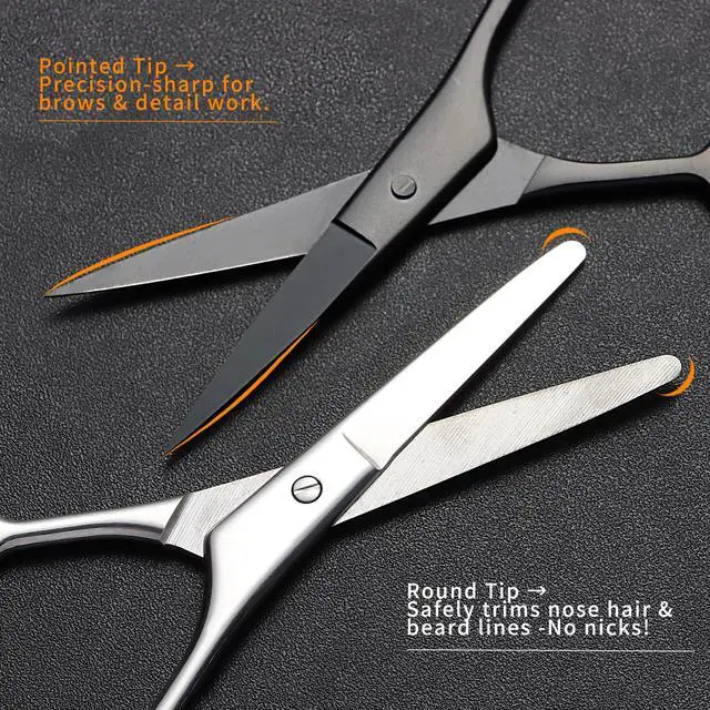 Alt view image 6 of 7 - 2PCS Small Grooming Scissors for Men and Women, Facial Hair Trimming Scissors with Straight & Rounded Safety Tips for Eyebrows, Nose Hair, Beard, Mustache, Eyelashes, and Ear Hair - Silver & Black