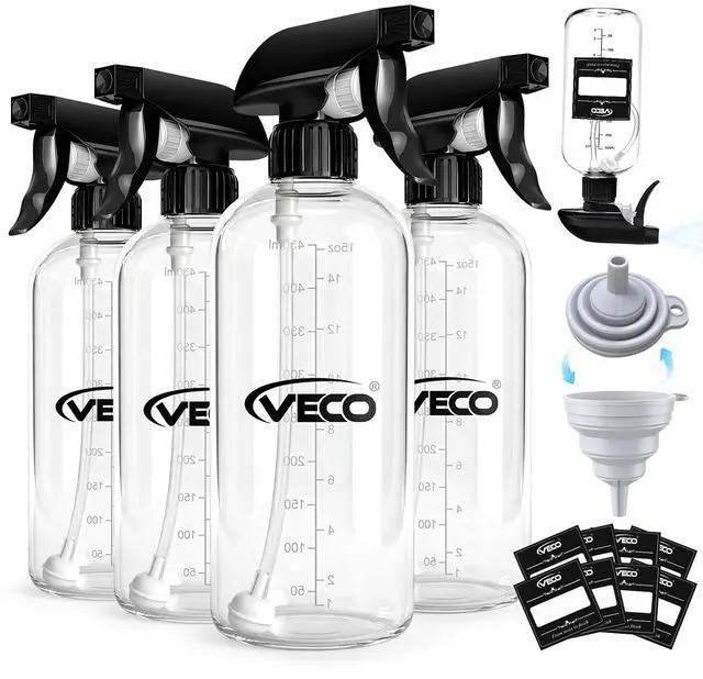 Main image of 15oz Graduated Spray Bottles, 4-Pack 360° Any-Angle Spraying for Easy Dilution, Leak-Resistant spray bottles for Cleaning, Plants, Hair & Pet Use + Foldable Funnel