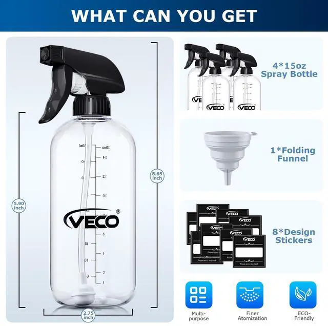 Alt view image 4 of 7 - 15oz Graduated Spray Bottles, 4-Pack 360° Any-Angle Spraying for Easy Dilution, Leak-Resistant spray bottles for Cleaning, Plants, Hair & Pet Use + Foldable Funnel