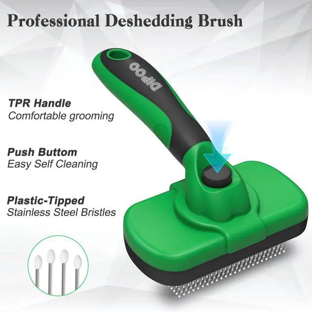 Alt view image 2 of 7 - Dipoo Self Cleaning Deshedding Brush for Dogs & Cats - Skin Friendly Grooming Tool with Hair Removal for Haired Pets, Green