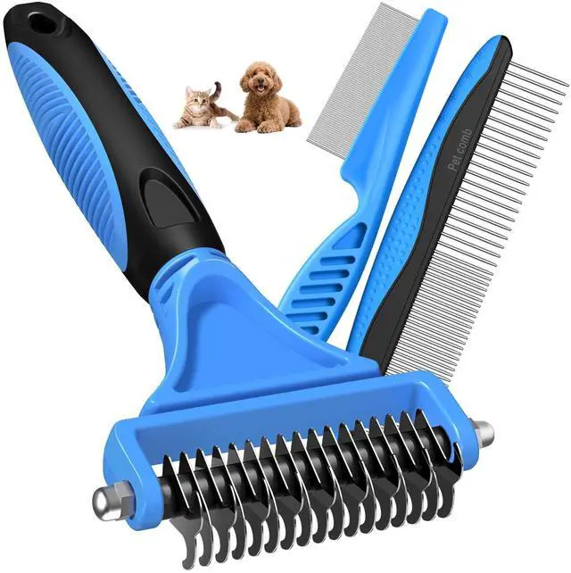 Main image of 3PCS Pet Grooming Rake & Metal Comb & Flea Comb for Cats and Dogs, Double-Sided Dematting Tool, Extra-Wide Deshedding Dog Brush for Long Hair to Effectively Remove Tangles, Knots and Mats (Blue)