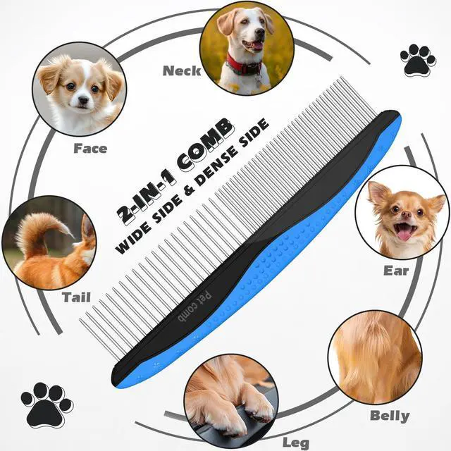 Alt view image 4 of 7 - 3PCS Pet Grooming Rake & Metal Comb & Flea Comb for Cats and Dogs, Double-Sided Dematting Tool, Extra-Wide Deshedding Dog Brush for Long Hair to Effectively Remove Tangles, Knots and Mats (Blue)