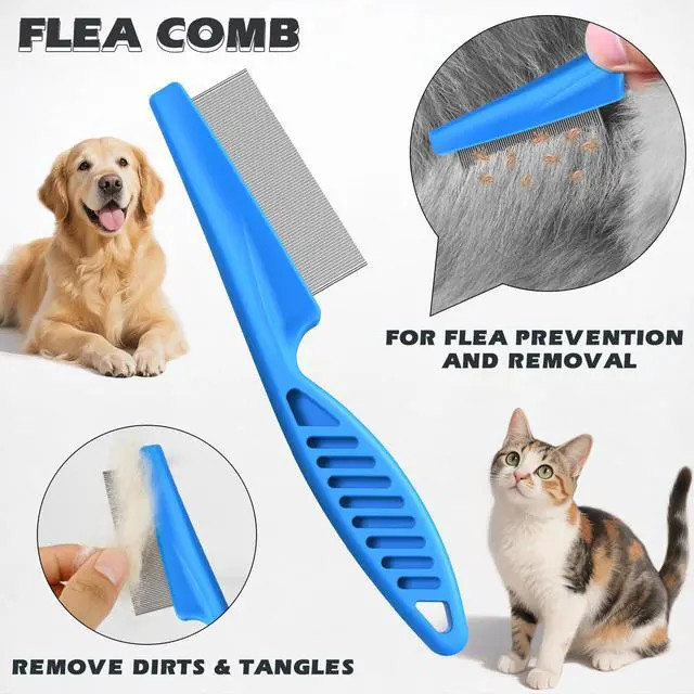 Alt view image 5 of 7 - 3PCS Pet Grooming Rake & Metal Comb & Flea Comb for Cats and Dogs, Double-Sided Dematting Tool, Extra-Wide Deshedding Dog Brush for Long Hair to Effectively Remove Tangles, Knots and Mats (Blue)