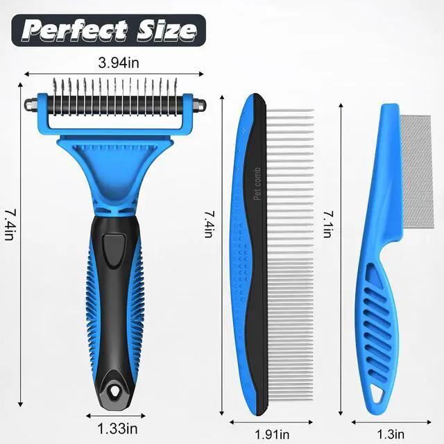 Alt view image 7 of 7 - 3PCS Pet Grooming Rake & Metal Comb & Flea Comb for Cats and Dogs, Double-Sided Dematting Tool, Extra-Wide Deshedding Dog Brush for Long Hair to Effectively Remove Tangles, Knots and Mats (Blue)