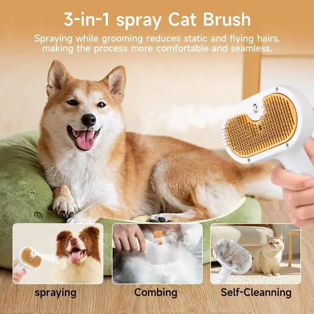 Alt view image 5 of 7 - Pet Steam Brush for Dog & Cat 3-in-1 Spray Hair Removal Comb for Shedding & Grooming, Softens Fur & Reduces Static Water Brush for Long & Short Coats, Bath-Hating Pets, Includes Waterless Shampoo
